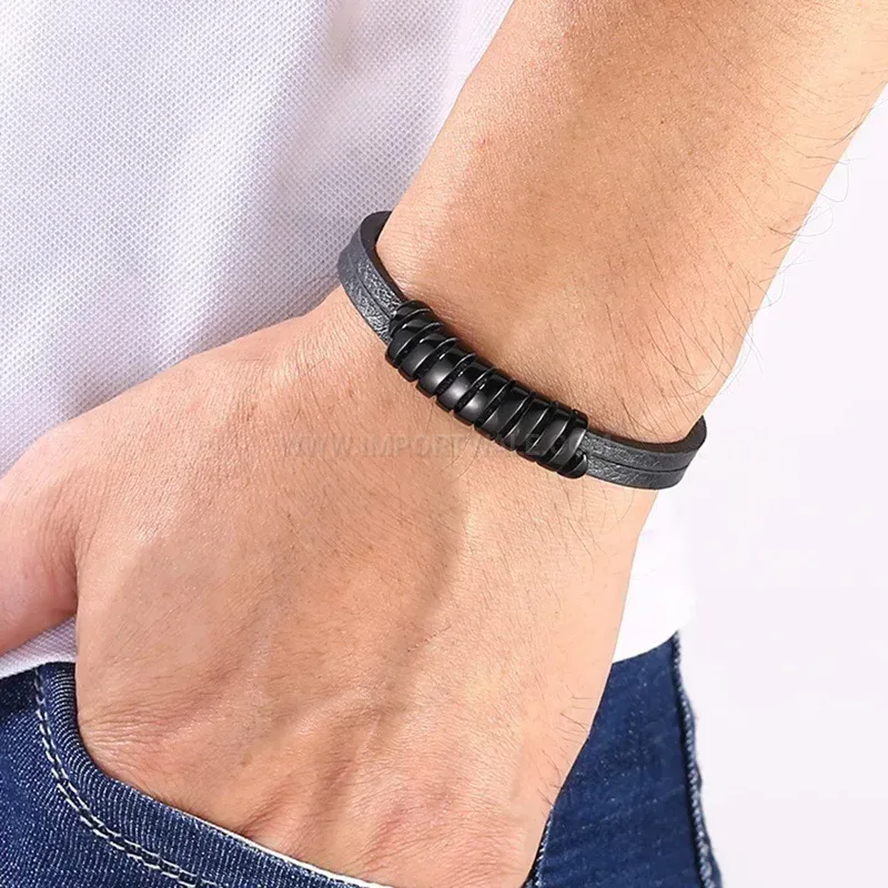 Minimalist Black Leather Bracelet with Stainless Steel Magnetic Clasp
