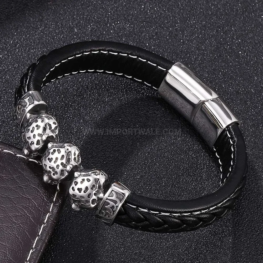 Classic Leopard Accent Leather Bracelet with Stainless Steel Magnetic Clasp