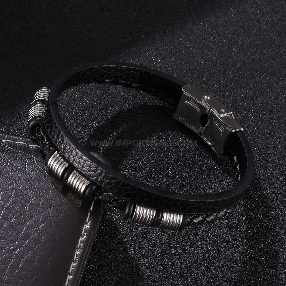 Double Strand Woven Leather Bracelet with Stainless Steel Safety Clasp