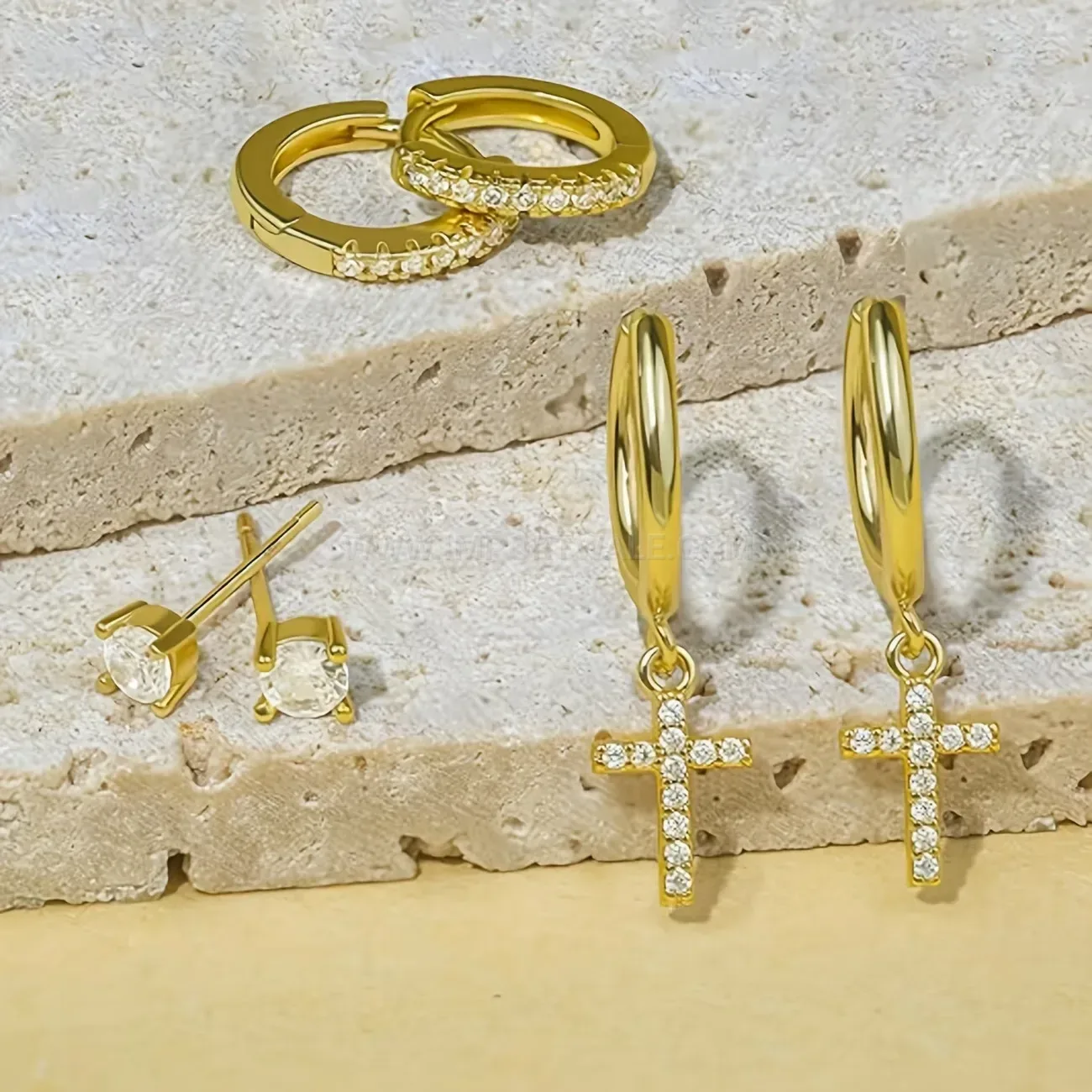 Bold Vintage Stainless Steel Rhinestone Cross Hoop Ear Cartilage Piercing Set