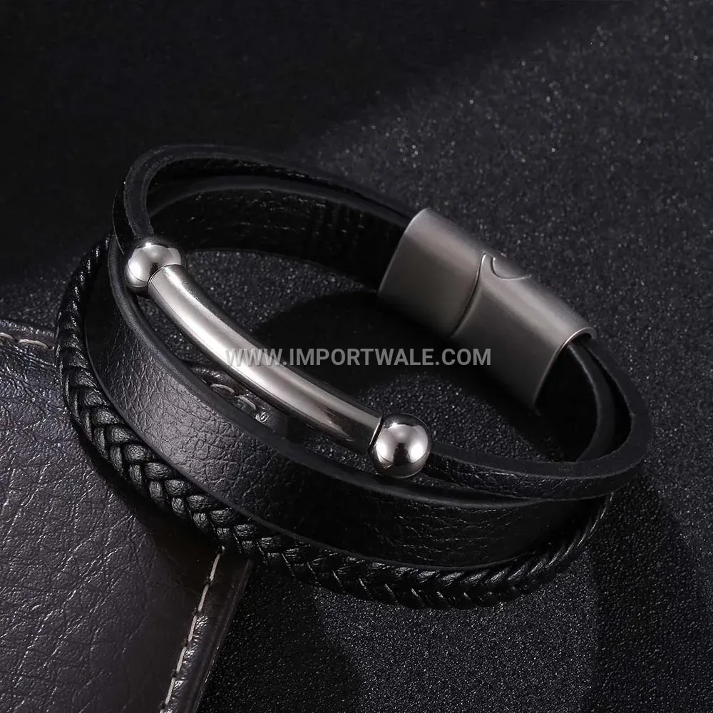 Woven Leather Bracelet with Brushed Steel Magnetic Clasp