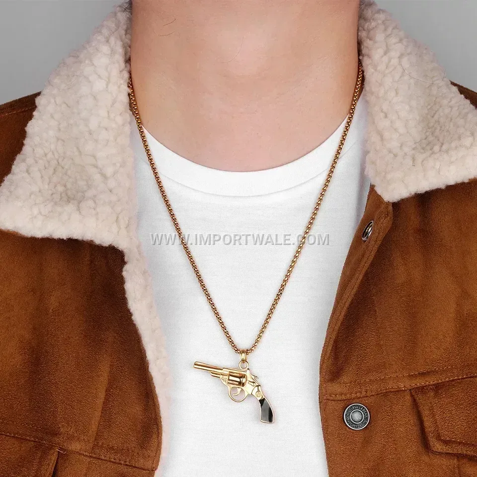 Gold Stainless Steel Pistol Pendant with Resin Inlay