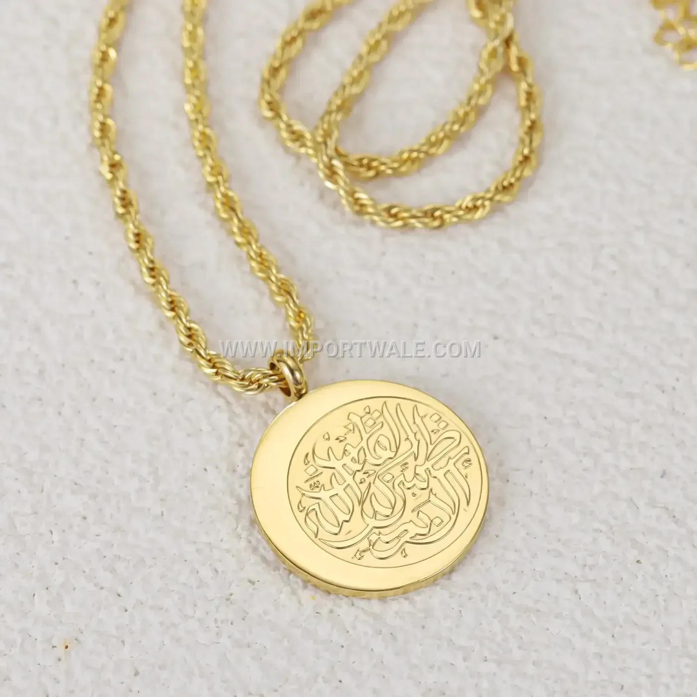 Platinum Plated Stainless Steel Arabic Script Coin Pendant Necklace
