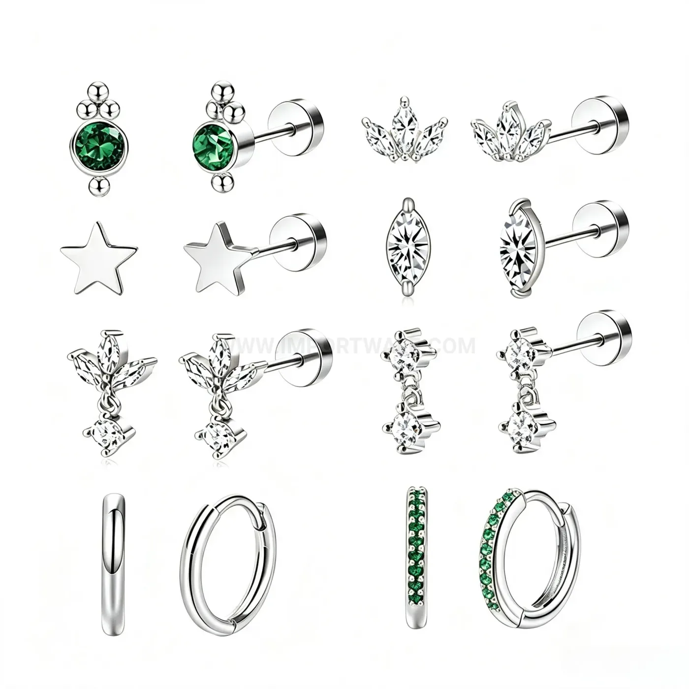 Premium Stainless Steel Green Stone Leaf Star Huggie Earring Set