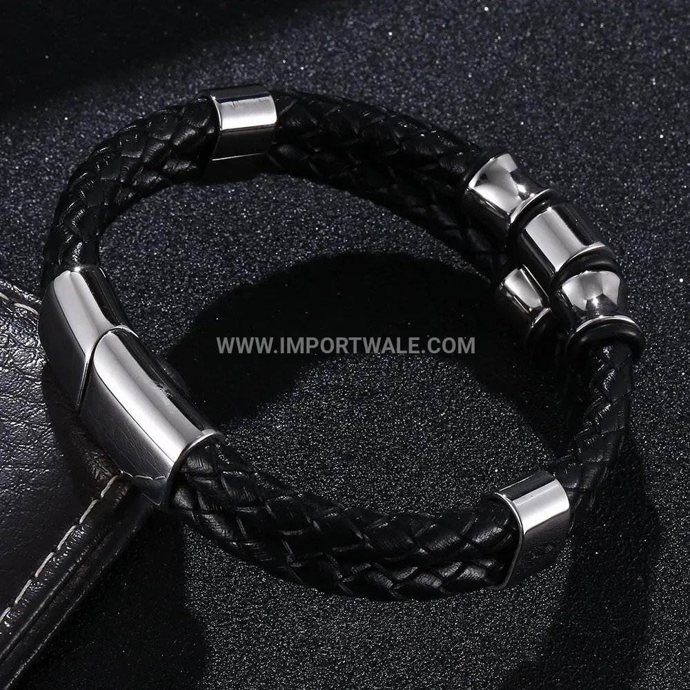 Multi-Layer Woven Leather Bracelet with Stainless Steel Accents