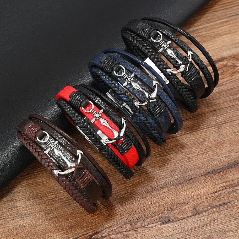 Designer Multi Strand Leather Anchor Bracelet with Automatic Magnetic Clasp