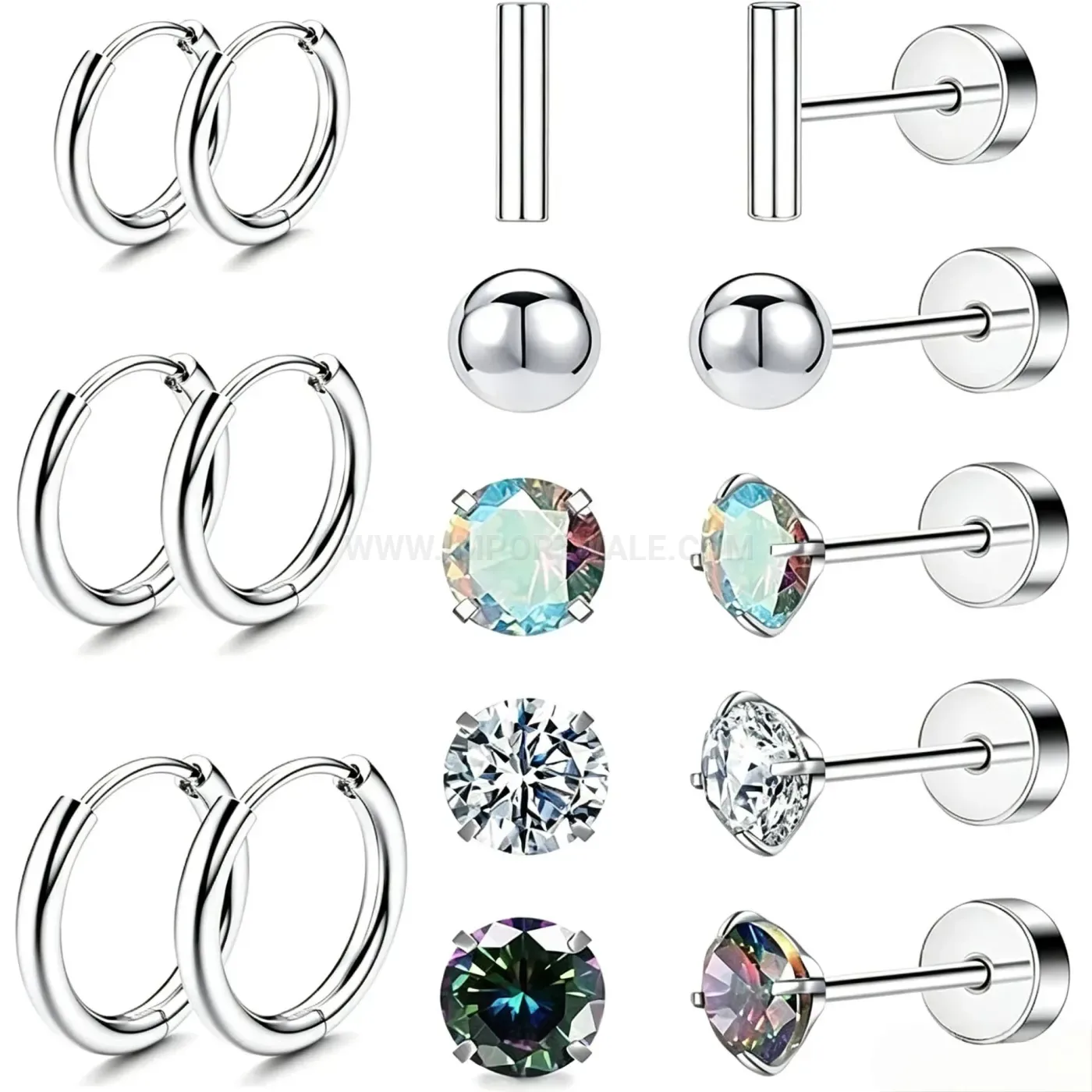 Designer Stainless Steel Cubic Zirconia Hoop and Stud Piercing Earring Set