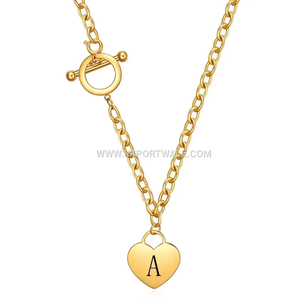 Engraved Initial Heart Pendant Toggle Necklace in Gold Plated Stainless Steel