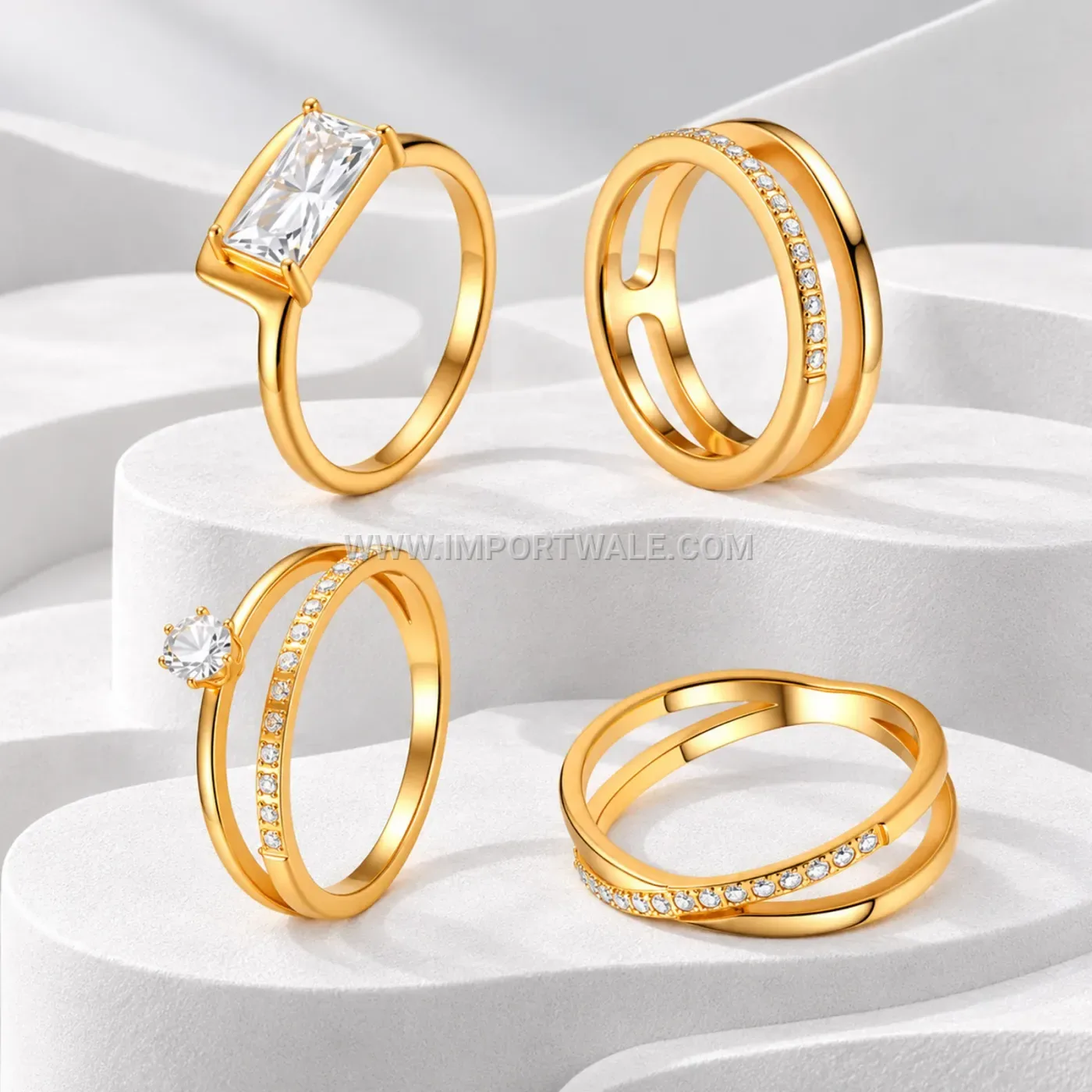 Geometric Cubic Zirconia Stackable Stainless Steel Ring Set