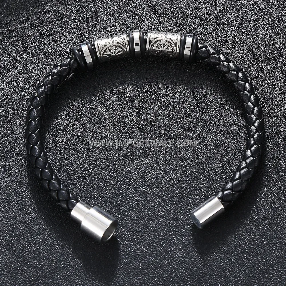 Woven Braided Leather and Stainless Steel Charm Bracelet
