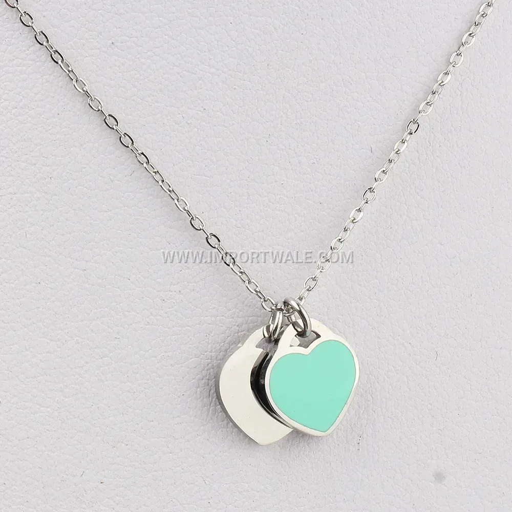 Blue Enamel Double Heart Stainless Steel Pendant Necklace