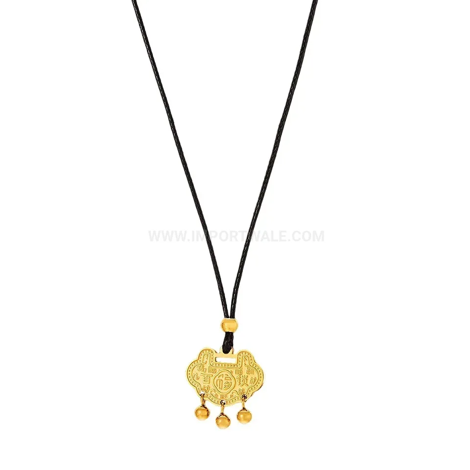 Chic Titanium Steel Longevity Lock Black Cord Pendant Necklace