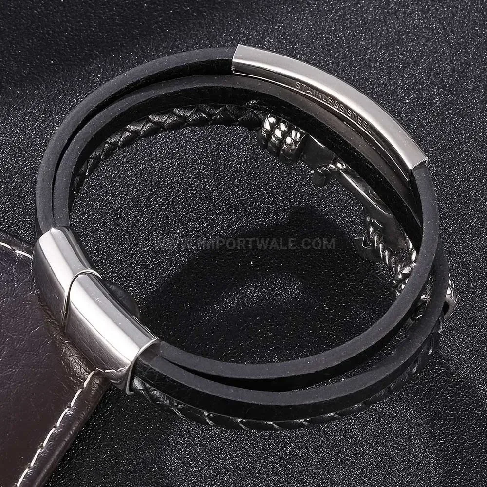 Braided Leather Anchor Stainless Steel Multi Strand Bracelet