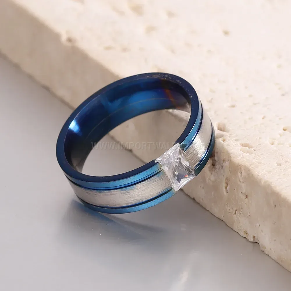Designer Two-Tone Blue Zircon Inlaid Stainless Steel Band Ring