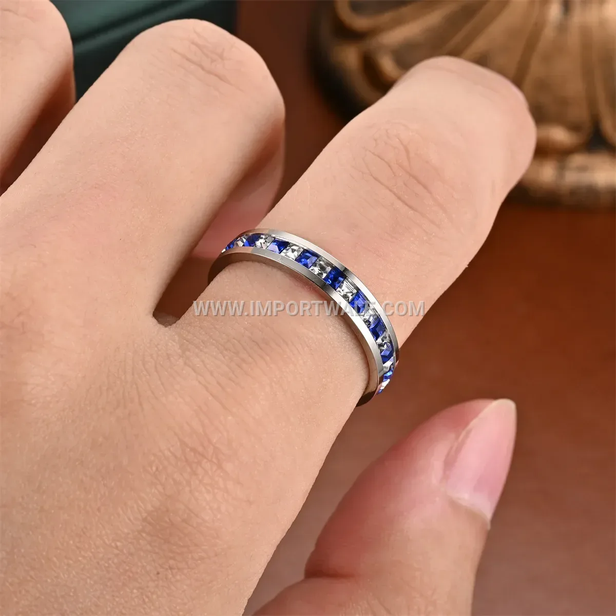 Blue and White Cubic Zirconia Stainless Steel Ring