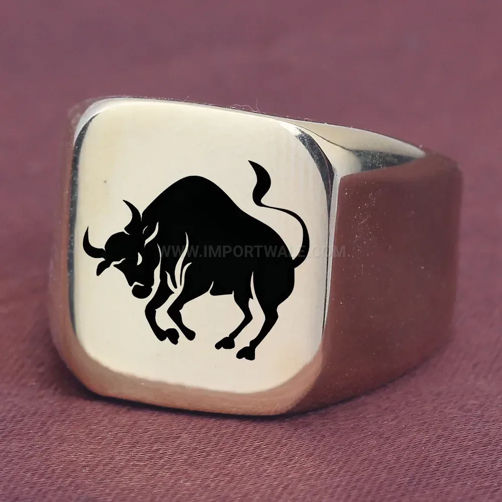Premium Laser Engraved Bull Motif Stainless Steel Punk Square Signet Ring