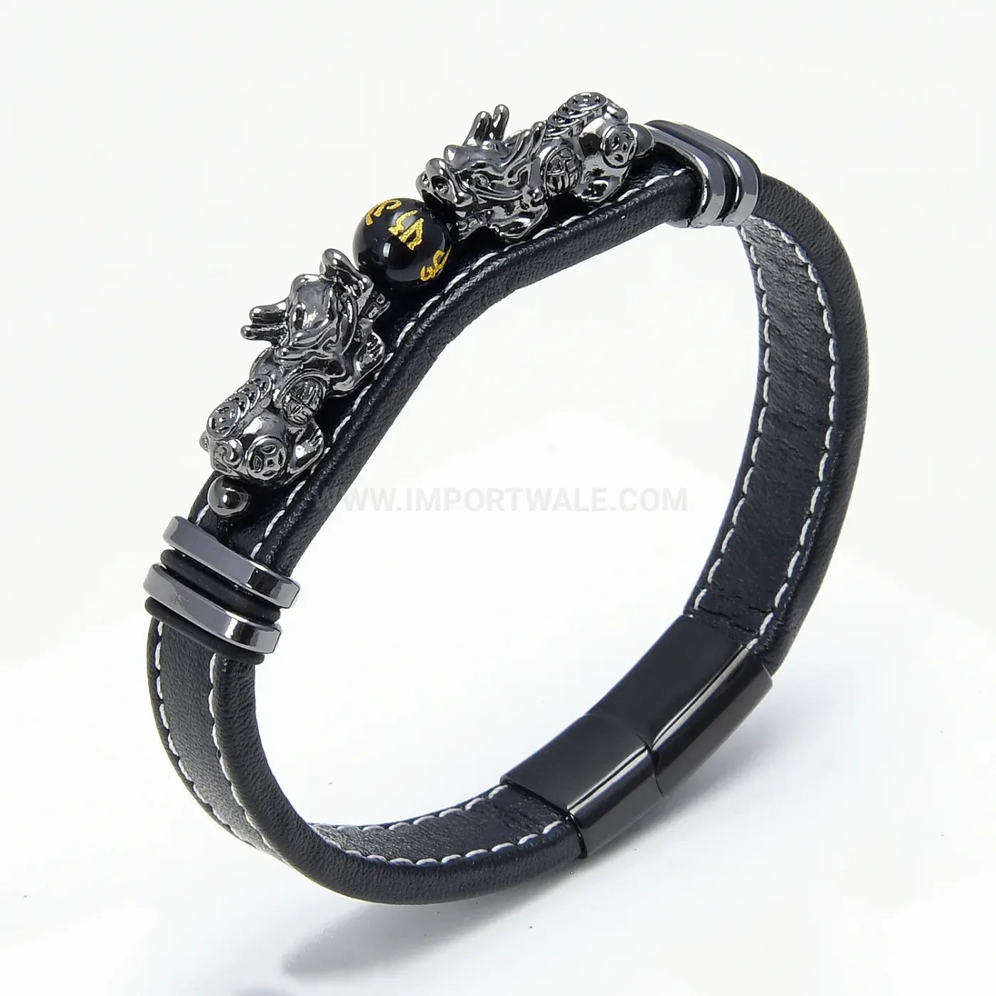 Men Retro Woven Leather Pixiu Bracelet With Natural Stone Accent