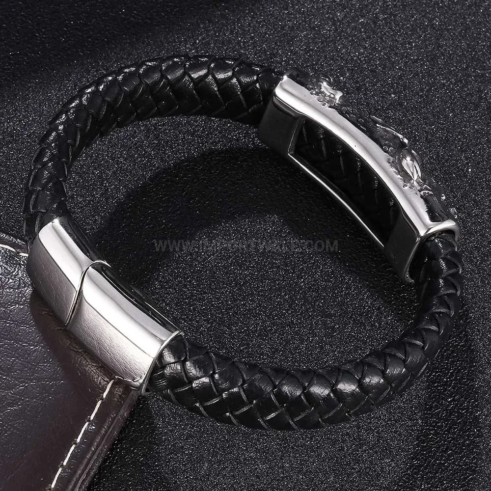 Black Leather Strap Bracelet with Stainless Steel Magnetic Scorpion Clasp