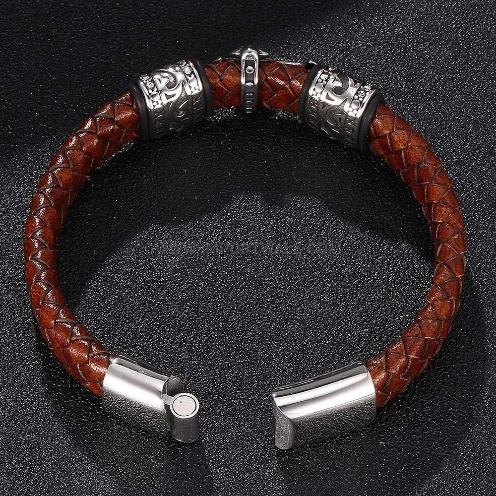 Stylish Brown Leather Stainless Steel Cross Bracelet