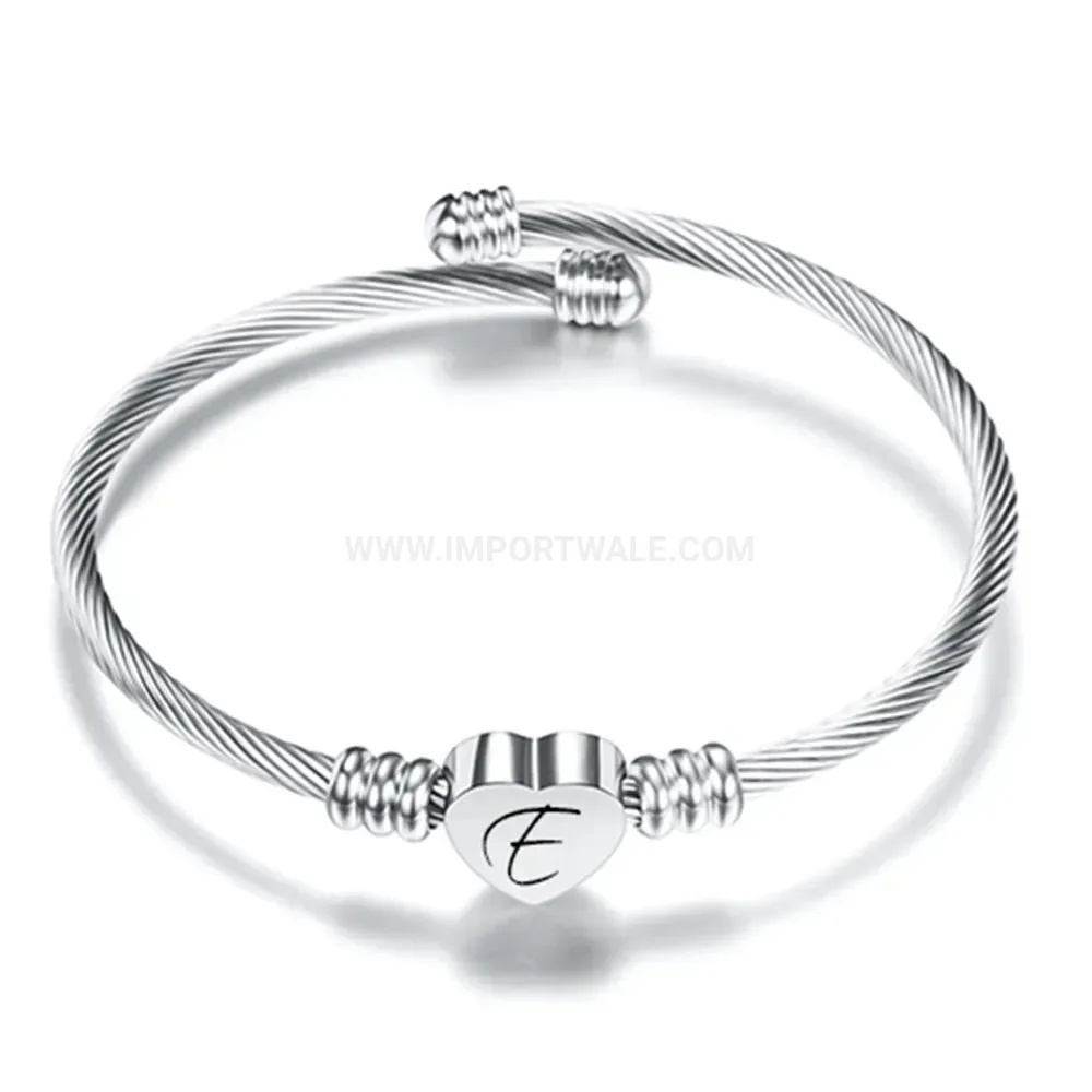 Elegant Engraved Initial Heart Charm Stainless Steel Cable Wire Bangle