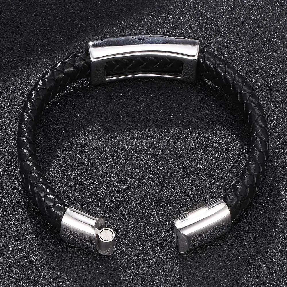 Braided Black Leather Bracelet with Stainless Steel Accent for Men
