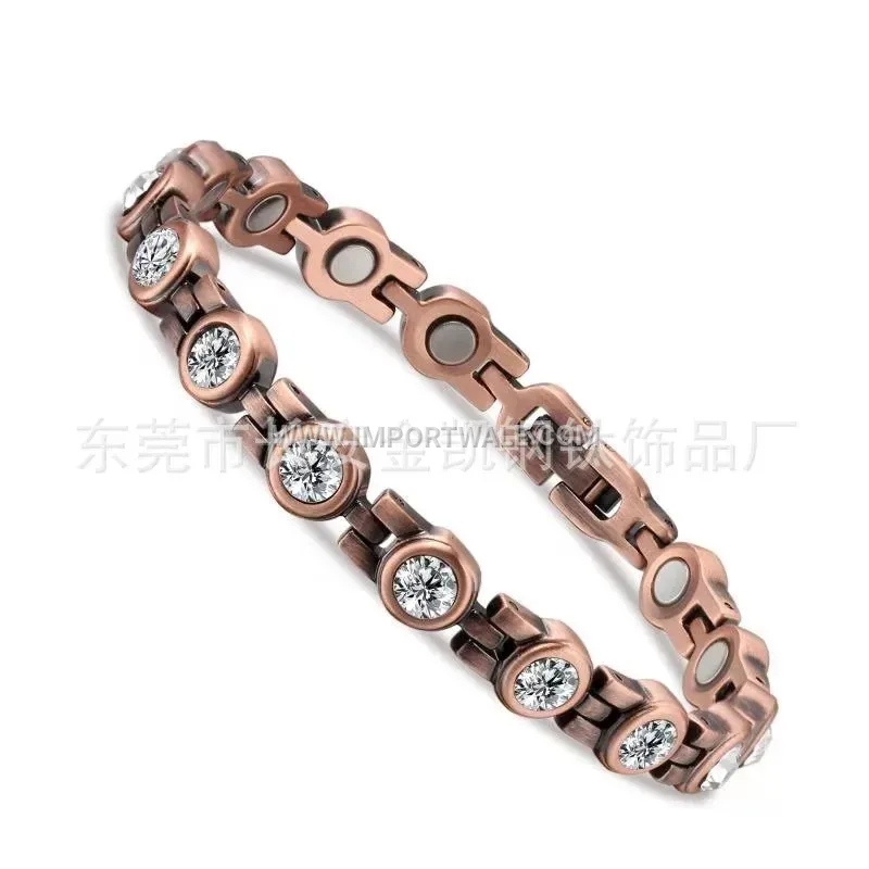 Vintage Geometric Line Copper Magnetic Bracelet with Rhinestone Accents