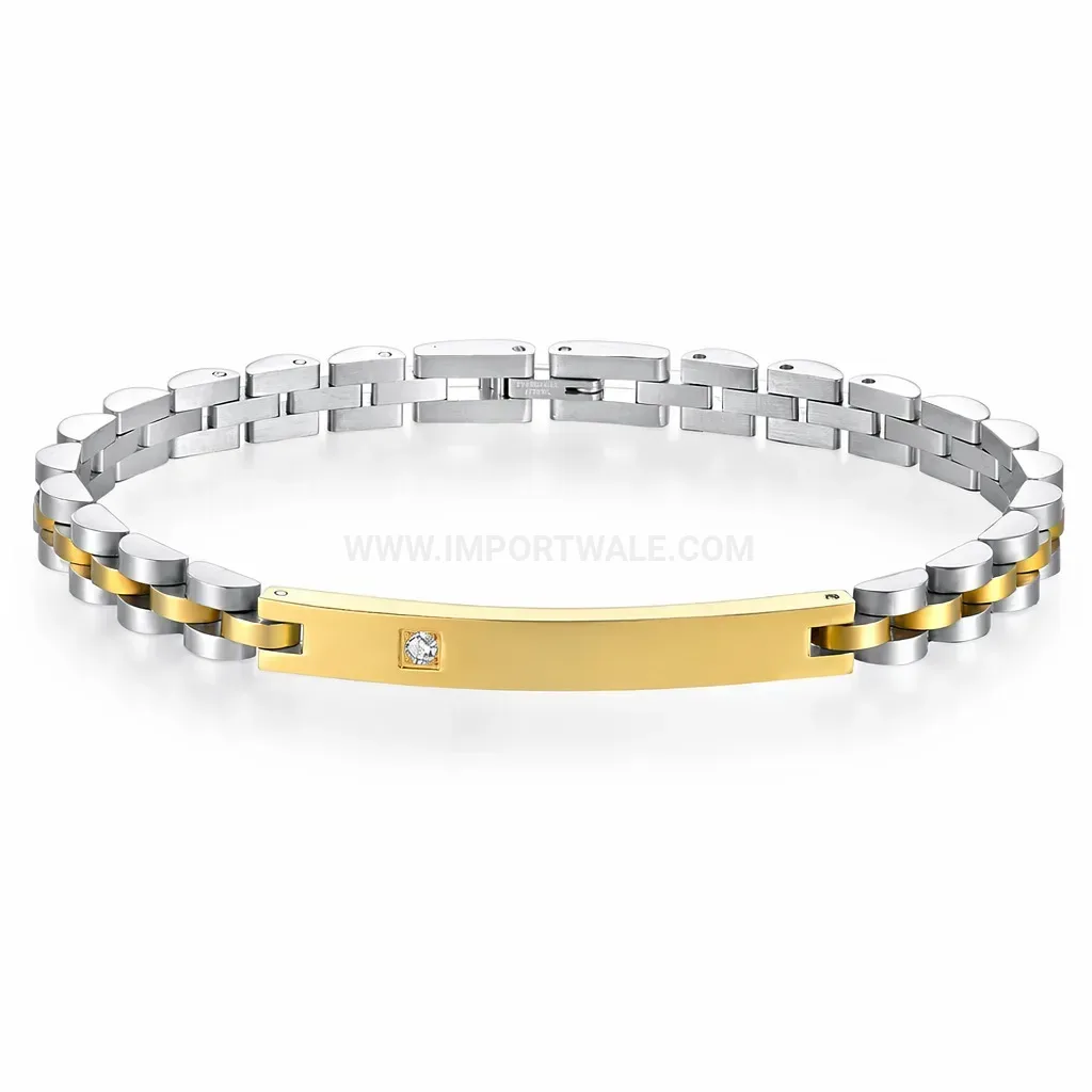 Cubic Zirconia Curved Plate Stainless Steel Strap Bracelet