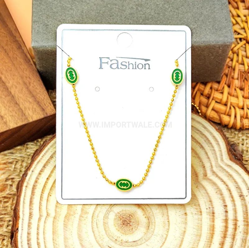 Gold Plated Titanium Steel Green Enamel Letter C Ball Chain Necklace