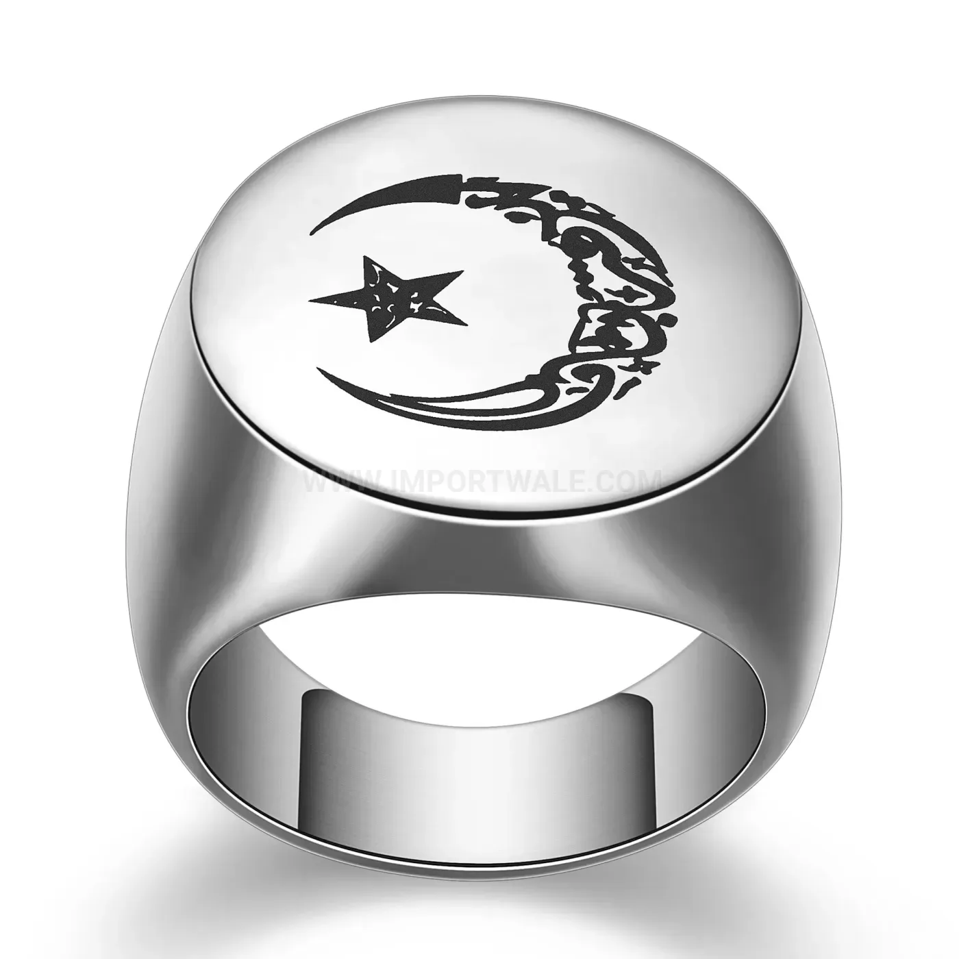 Designer Celestial Engraved Star and Moon Stainless Steel Ring