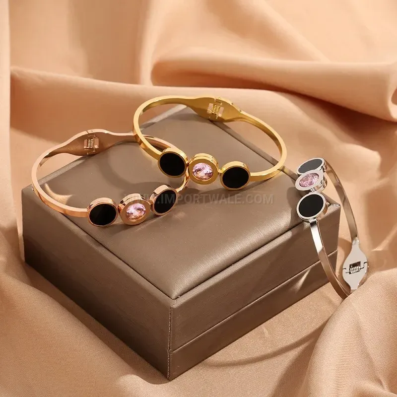 Modern Vintage Style Open Spring Titanium Steel Bangle with Pink Crystals
