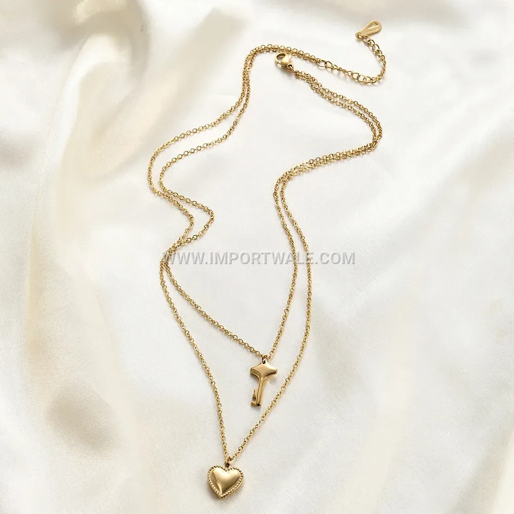 Chic Stainless Steel Heart and Key Pendant Layering Necklace