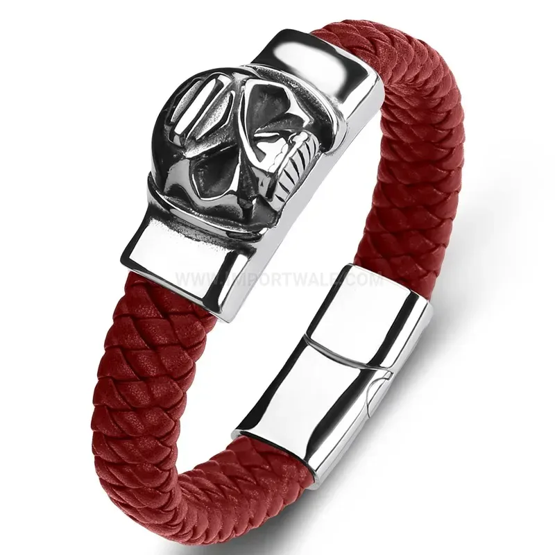 Bold Men's Stainless Steel Skull Accent Leather Bracelet