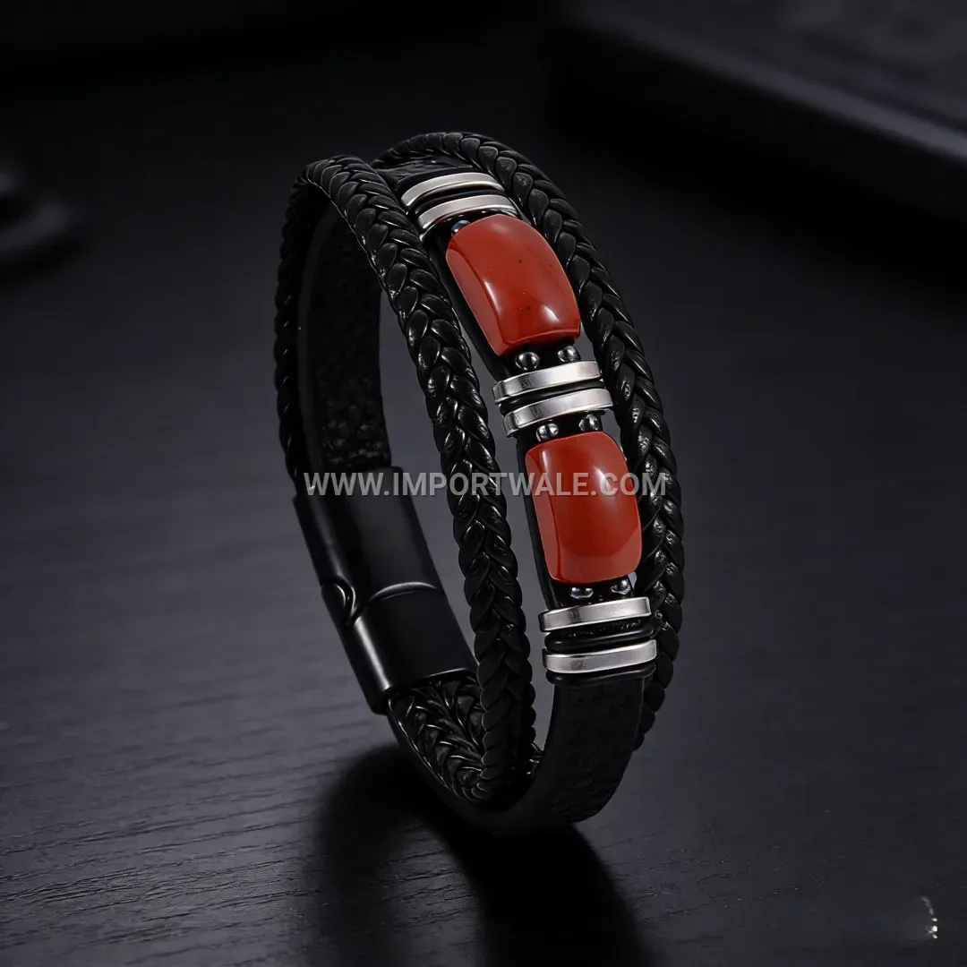 Natural Gemstone Stacked Leather Bracelet with Magnetic Clasp