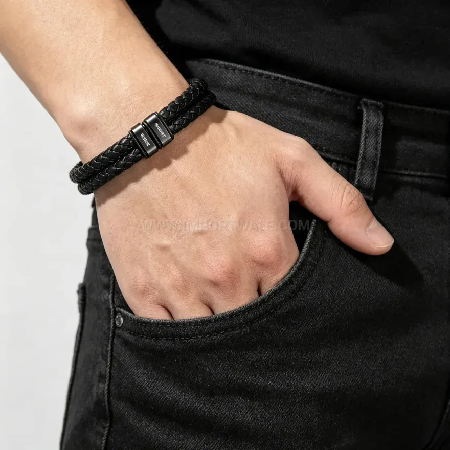 Elegant Custom Stainless Steel and Leather Beaded Magnetic Bracelet