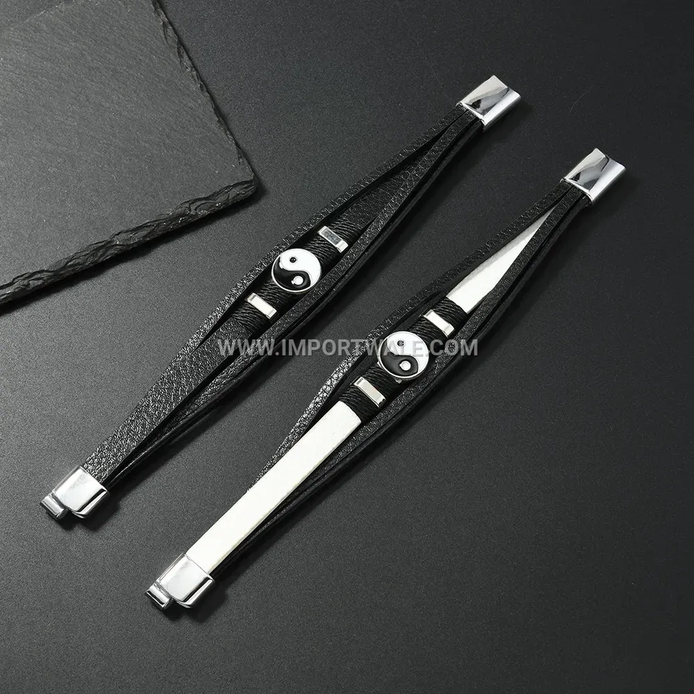 Tai Chi Enamel Leather Coded Wrap Bracelet