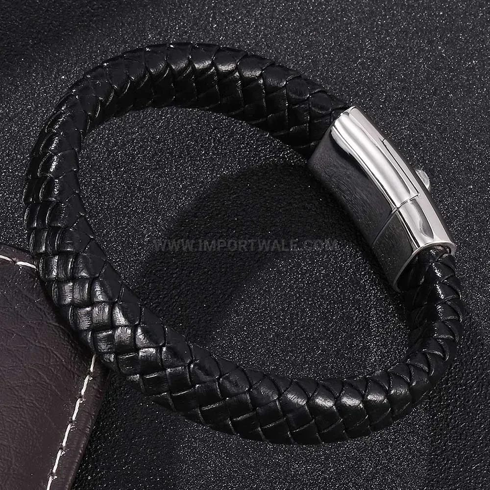 Modern Stainless Steel Buddha Head Braided Black Leather Men Bracelet