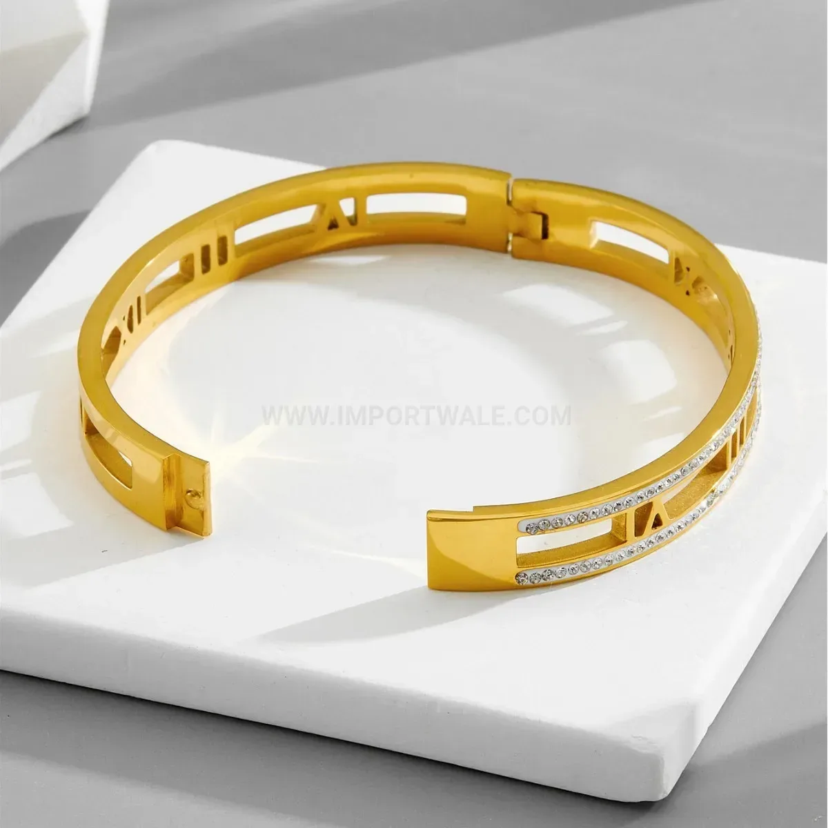 Double-Row Zirconia Hollow Roman Numeral Titanium Steel Bangle Bracelet