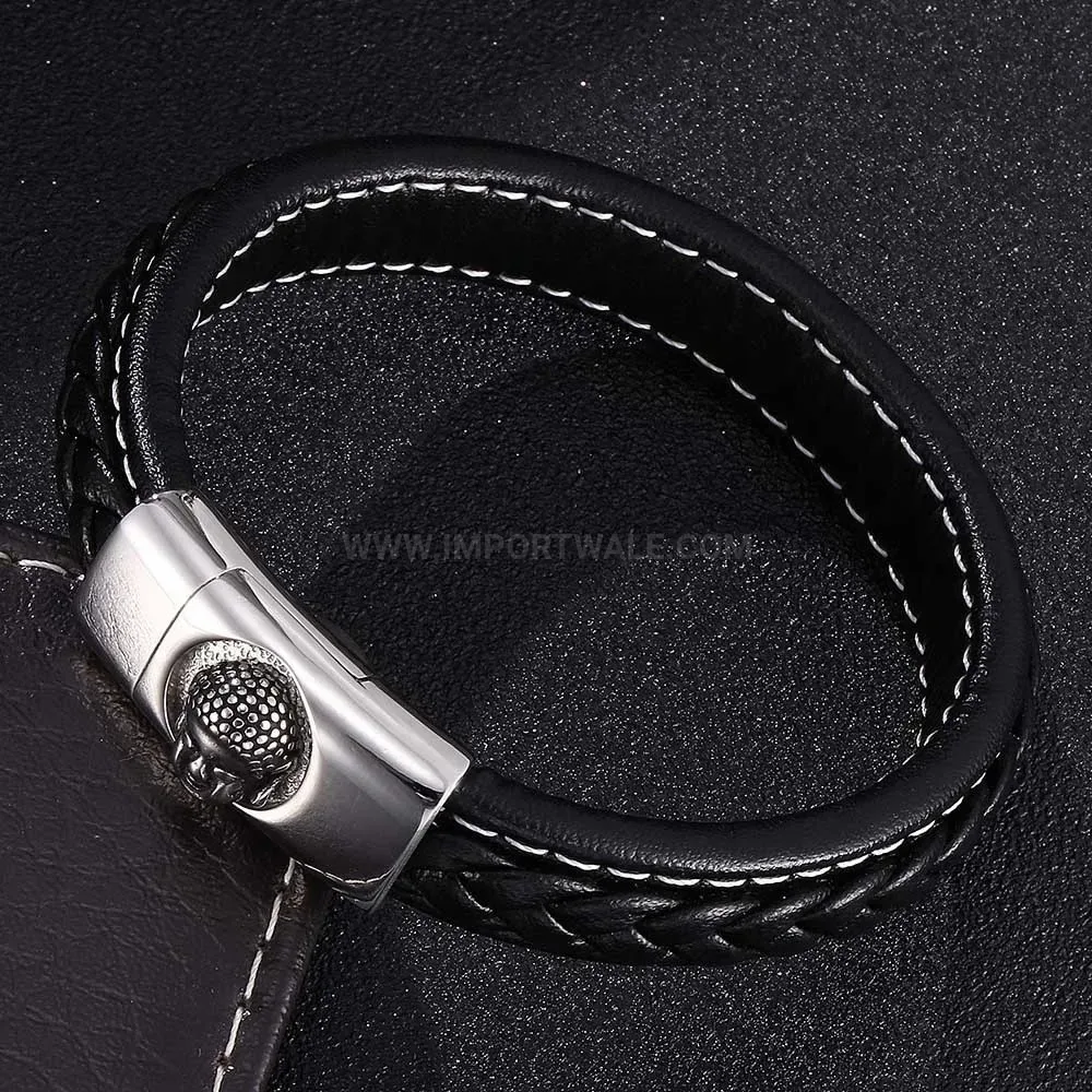 Braided Black Leather Buddha Head Stainless Steel Magnetic Clasp Bracelet