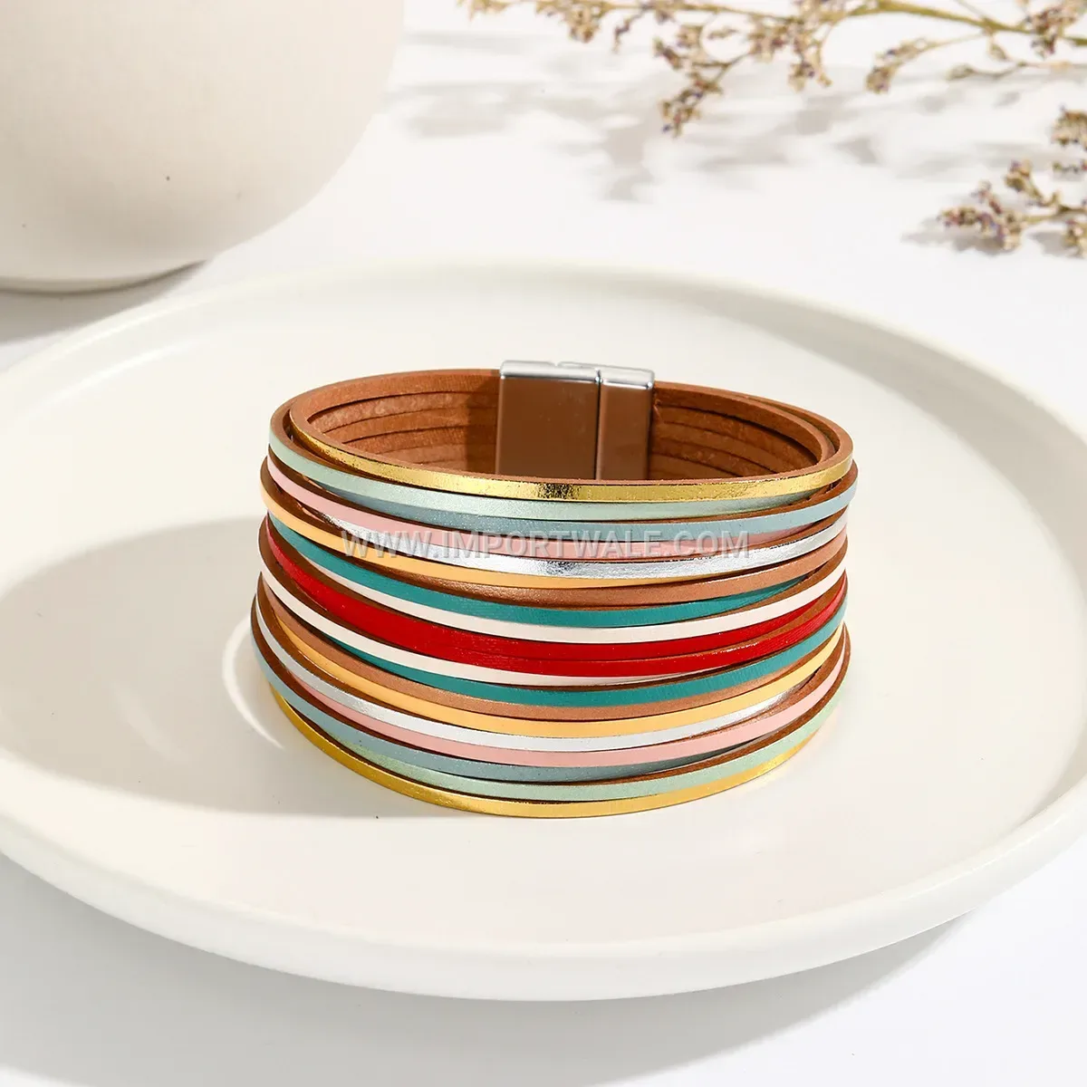 Textured Multi Strand Leather Wrap Bracelet with Magnetic Clasp
