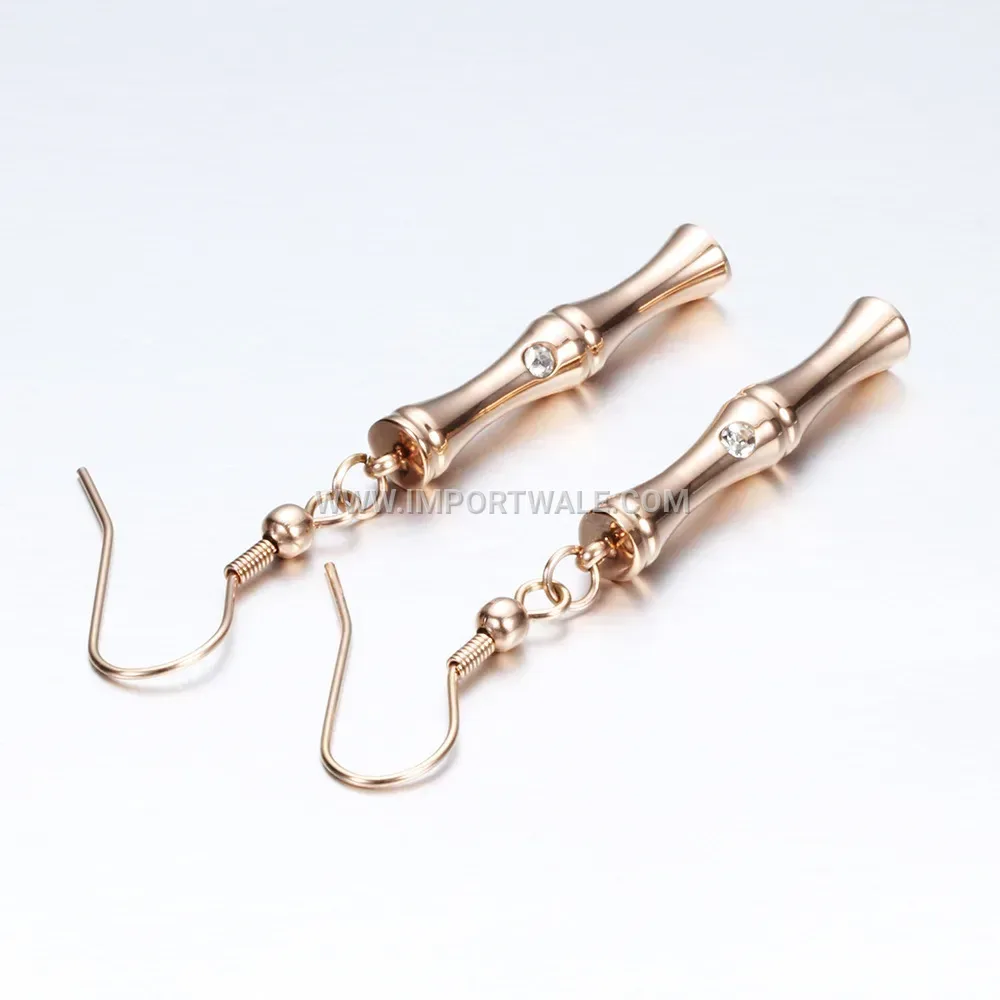 Rose Gold Stainless Steel Bamboo Motif Crystal Stud Earrings