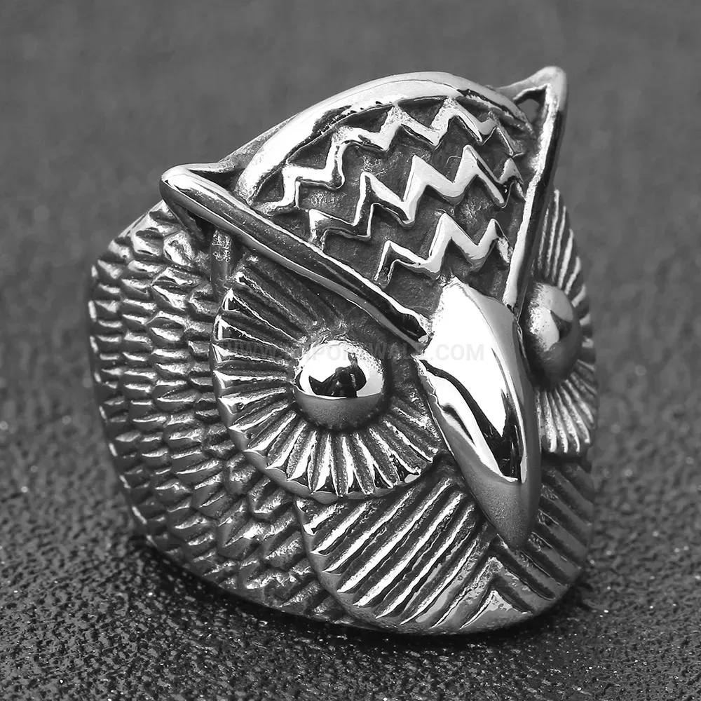 Premium Vintage Aged Stainless Steel Owl Signet Ring