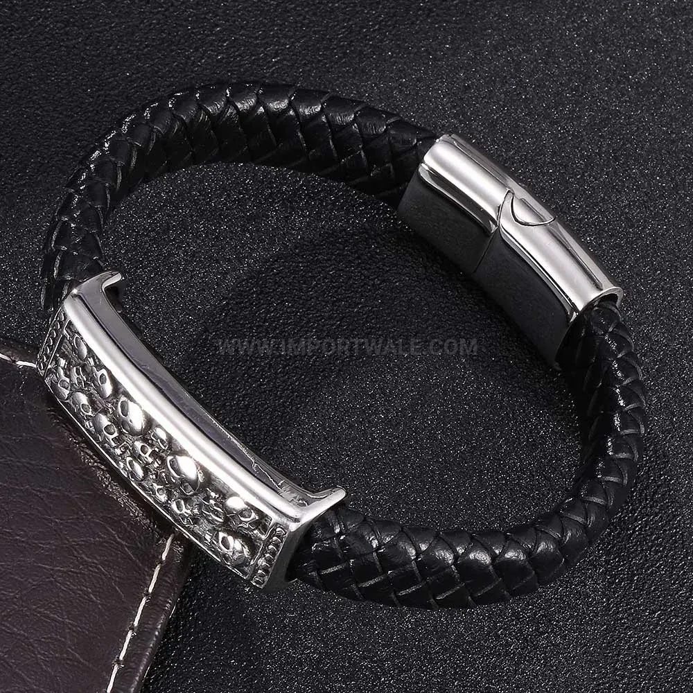 Fashion Punk Style Stainless Steel Skull Leather Men Wristband