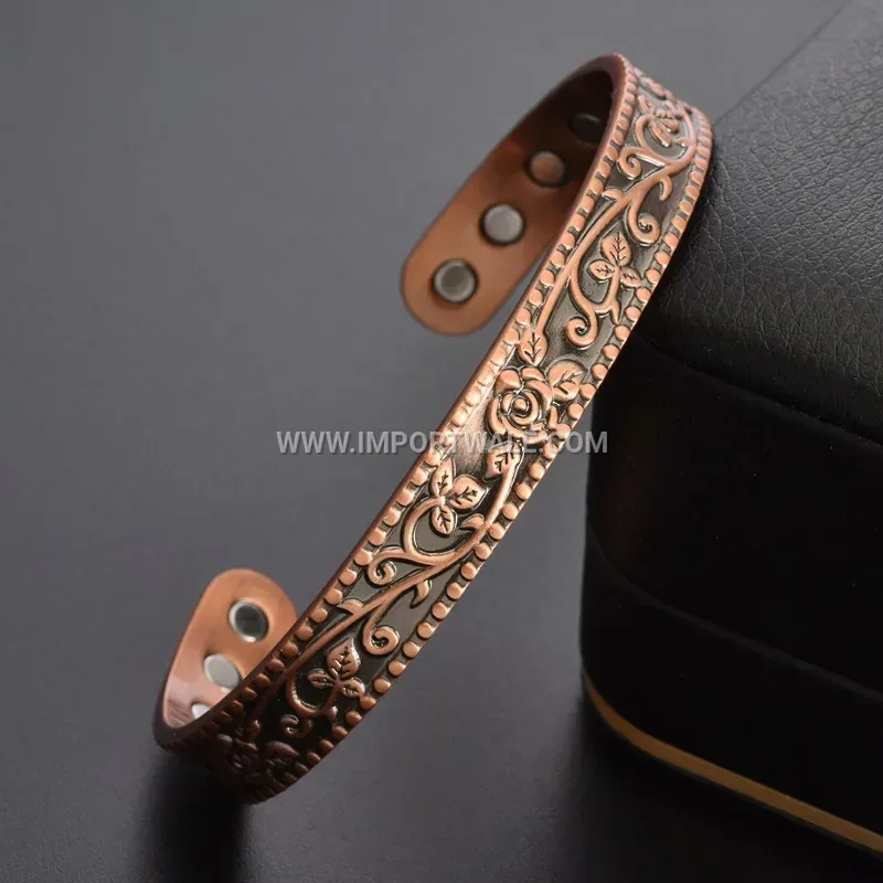 Antique Red Copper Floral Rose Motif Open Magnetic Cuff Bracelet