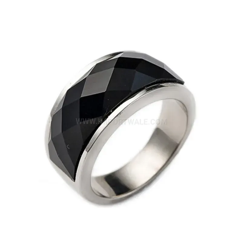 Modern Faceted Black Stainless Steel Geometric Band Ring