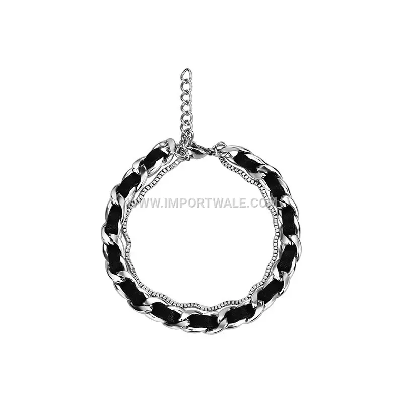 Stainless Steel and Leather Chain Link Combination Bracelet