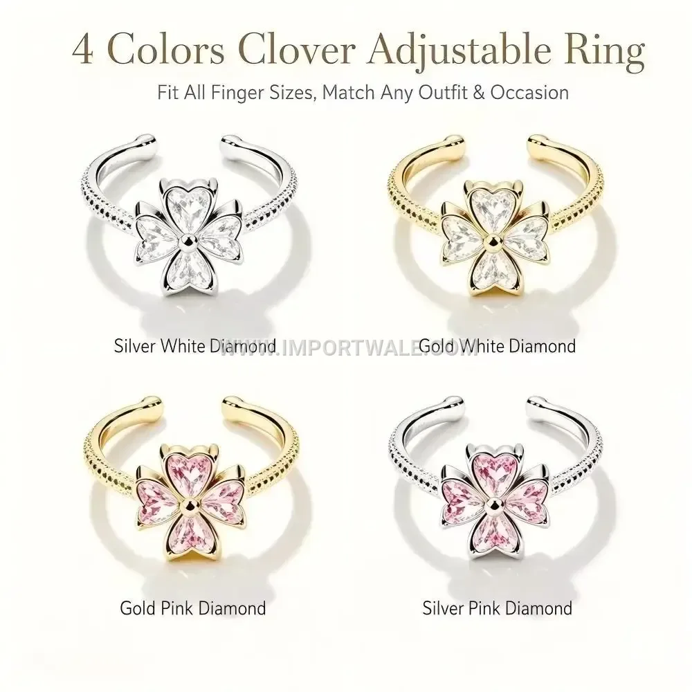 Floral Inlaid Zircon Open Adjustable Stainless Steel Ring