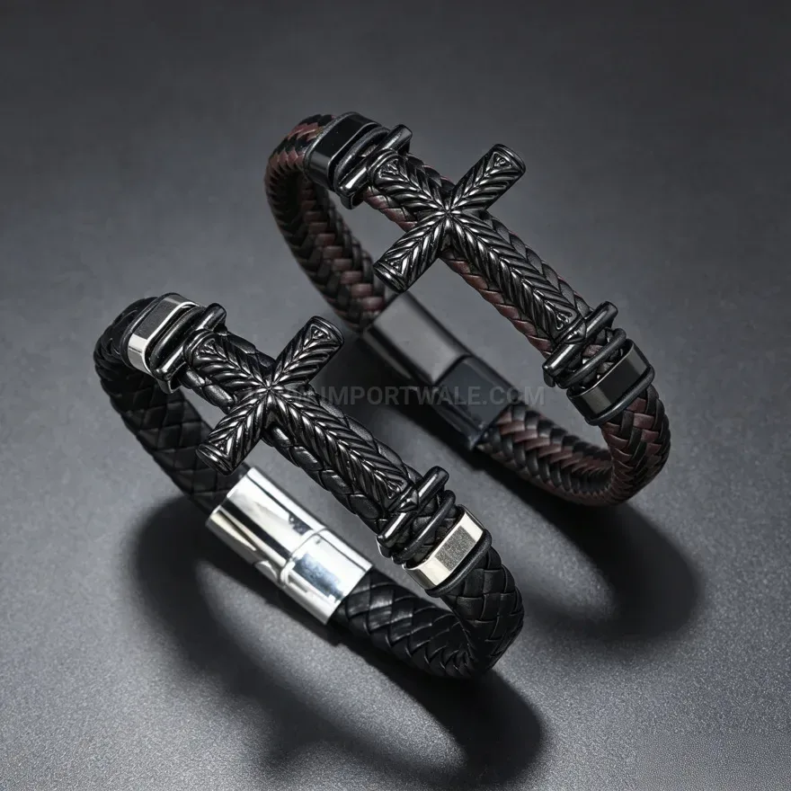 Fashion Braided PU Leather Cross Bracelet with Punk Magnetic Clasp