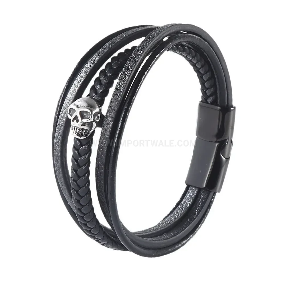Punk Skull Black Leather Wristband with Stainless Steel Magnetic Clasp