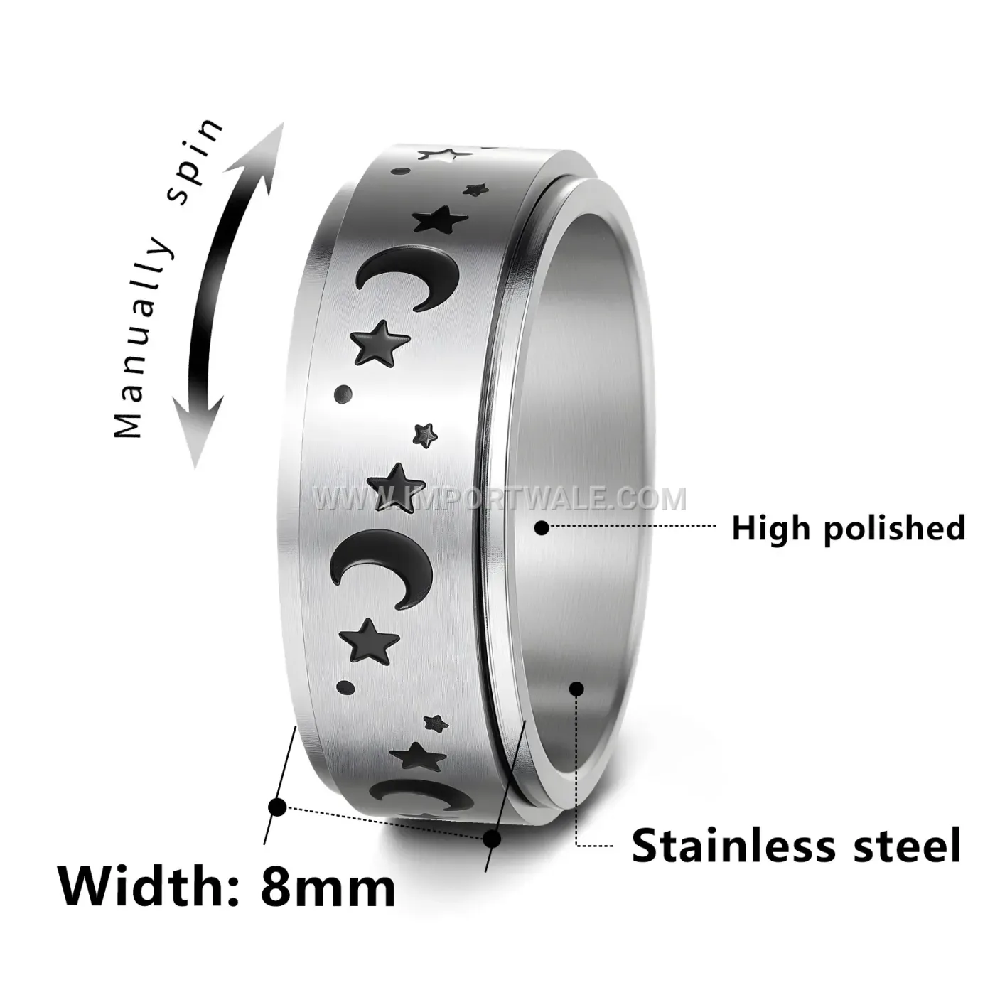 Titanium Steel Star and Moon Spinner Band Ring