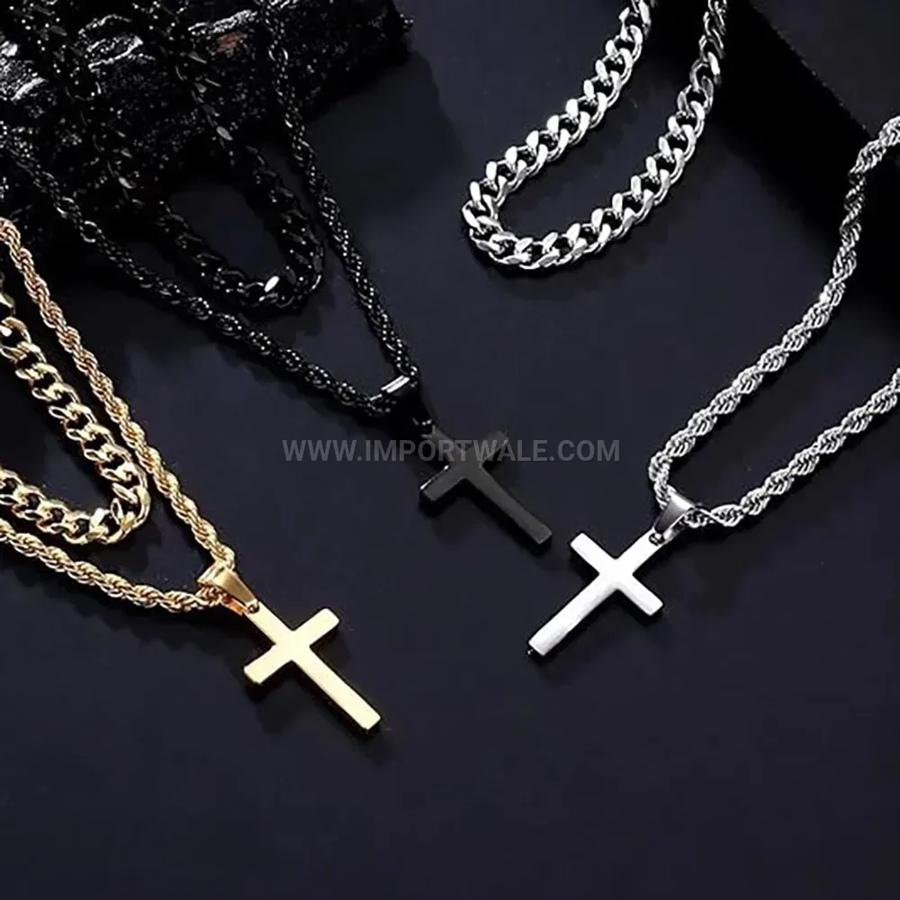 Double Layer Stainless Steel Cross Pendant Twist Chain Necklace